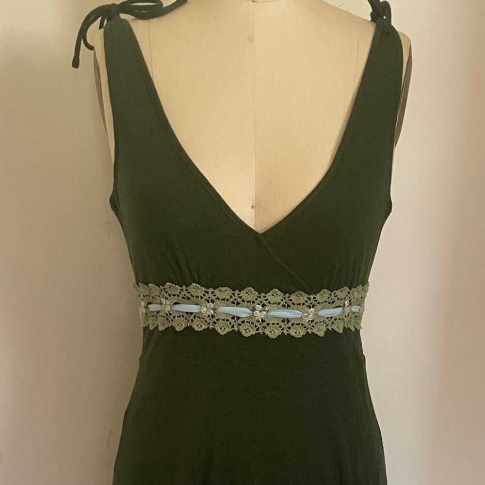 Free People Knit Pointelle Dress in Dark Green with Lace Trim size S